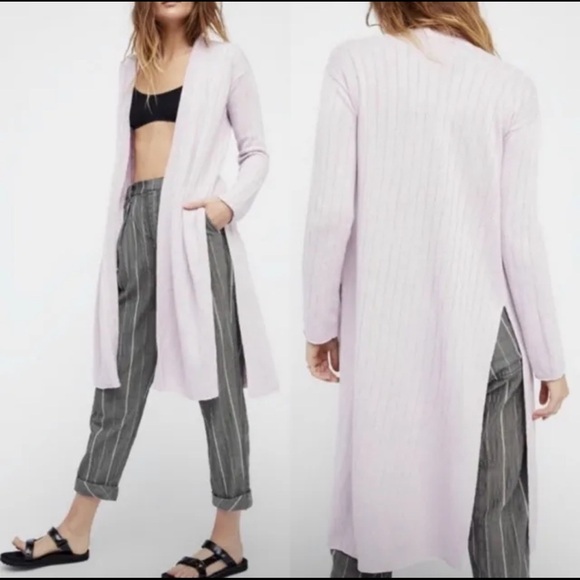 Free People Lavender RIBBY RIB Long Cardigan Open Front Knit Duster Sweater wrap - Picture 2 of 11